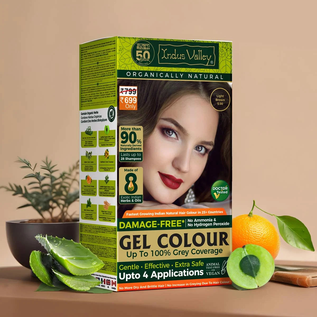 【Indus Valley】 Damage Free Gel Colour Light Brown 5.00 - 200ml + 20g Pack of 1