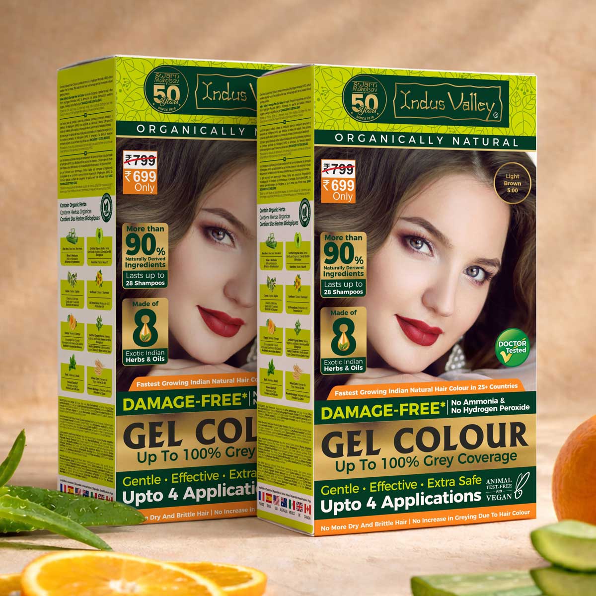 【Indus Valley】 Damage Free Gel Colour Light Brown 5.00 - 200ml + 20g Pack of 2