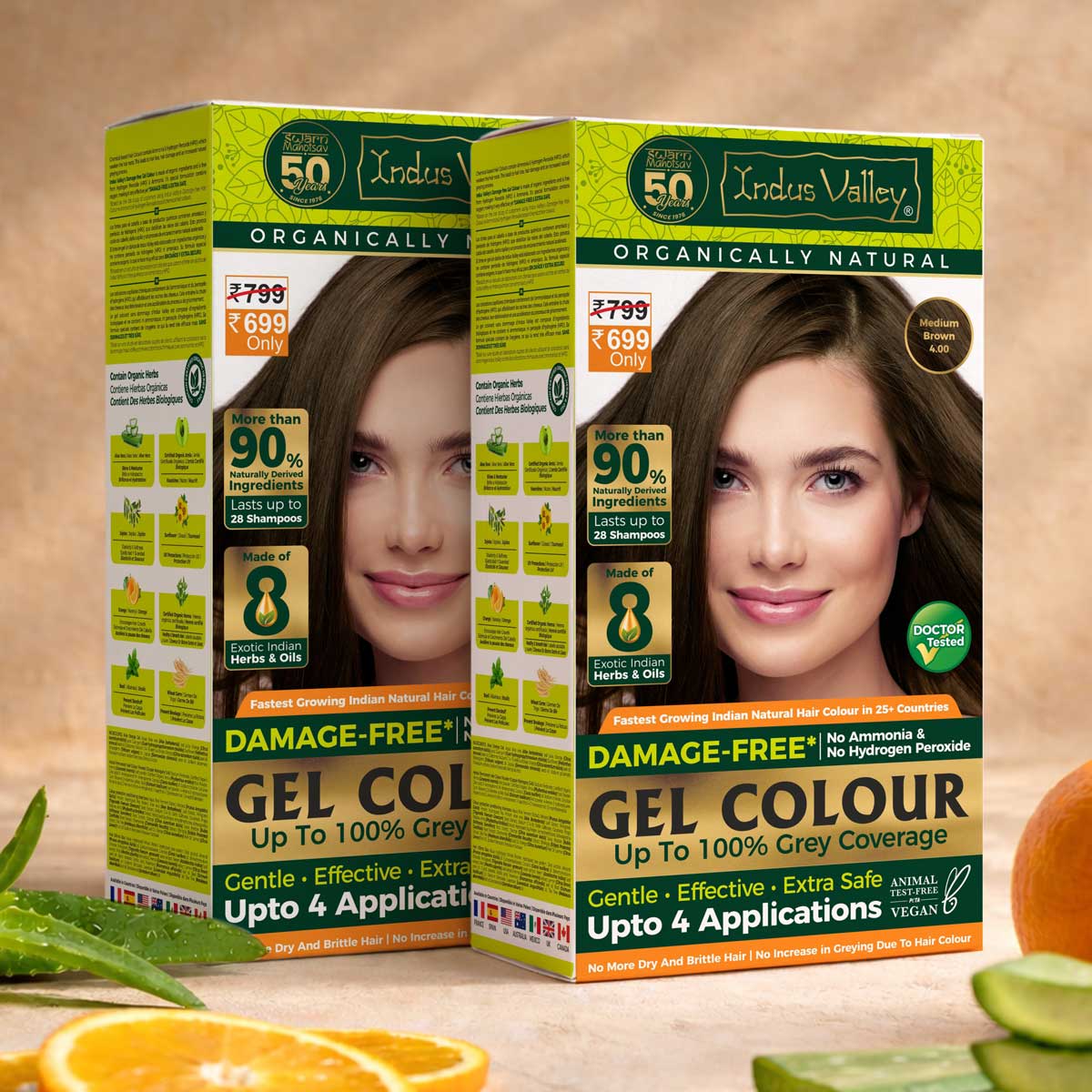 【Indus Valley】 Damage Free Gel Colour Medium Brown 4.00 - 200ml + 20g Pack of 2
