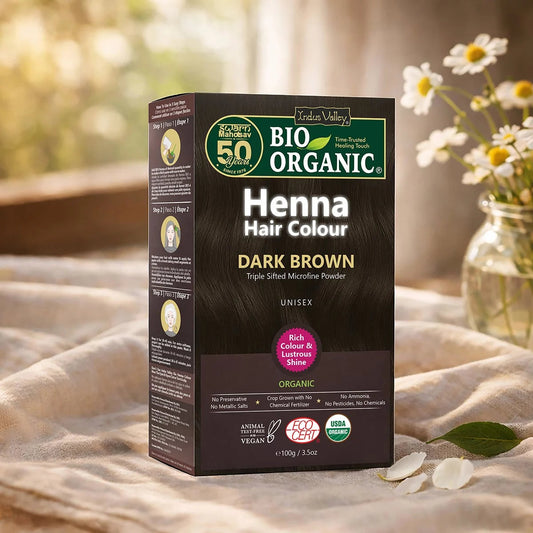 【Indus Valley】 Bio Organic Dark Brown Henna Hair Colour For Early Grey Hair Coverage - 100gm｜ビオ オーガニック ダークブラウン ヘナ ヘアカラー アーリーグレイヘアカバレッジ｜100g