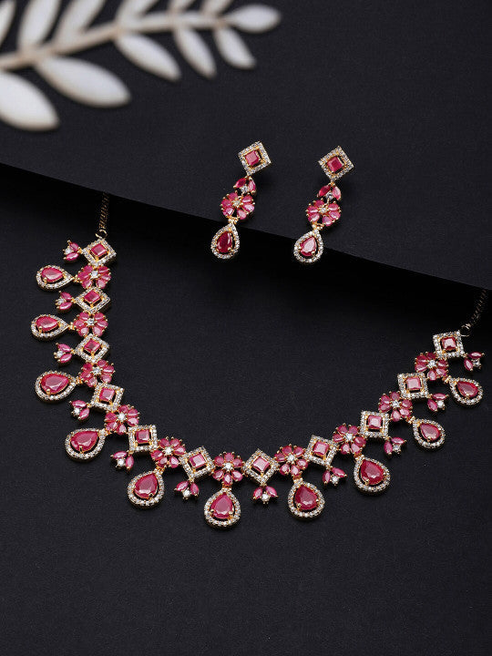 Rubans 22K Gold-Plated Ruby Pink & White Cubic Zirconia Studded Floral Drop Necklace Set Pink