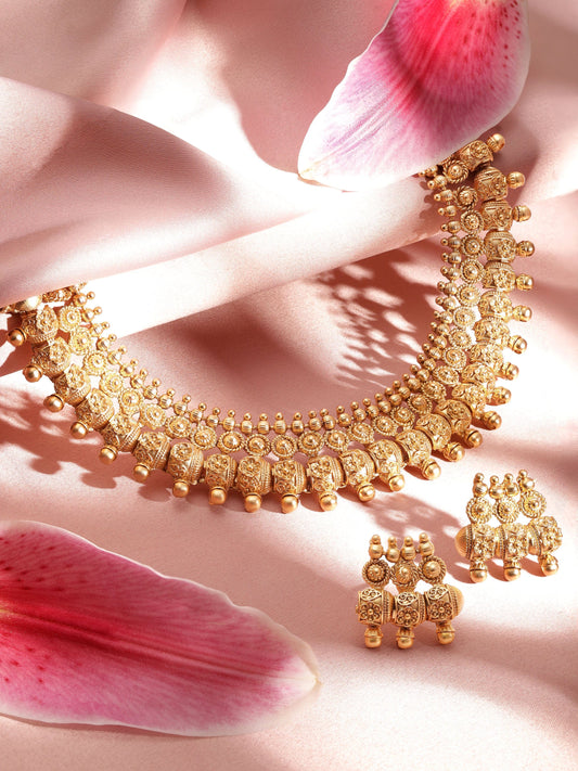 Floral Motif Golden Necklace Set Gold
