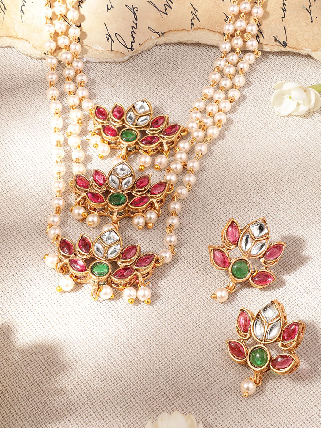 Luminous Red Green Pendant Set Kundan Multicolor