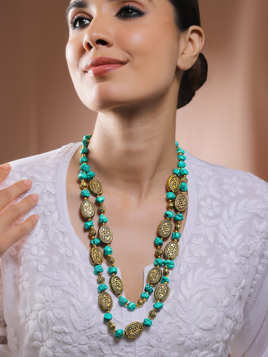Divine Green Beaded Antique Layered Necklace Turquoise Blue & Gold
