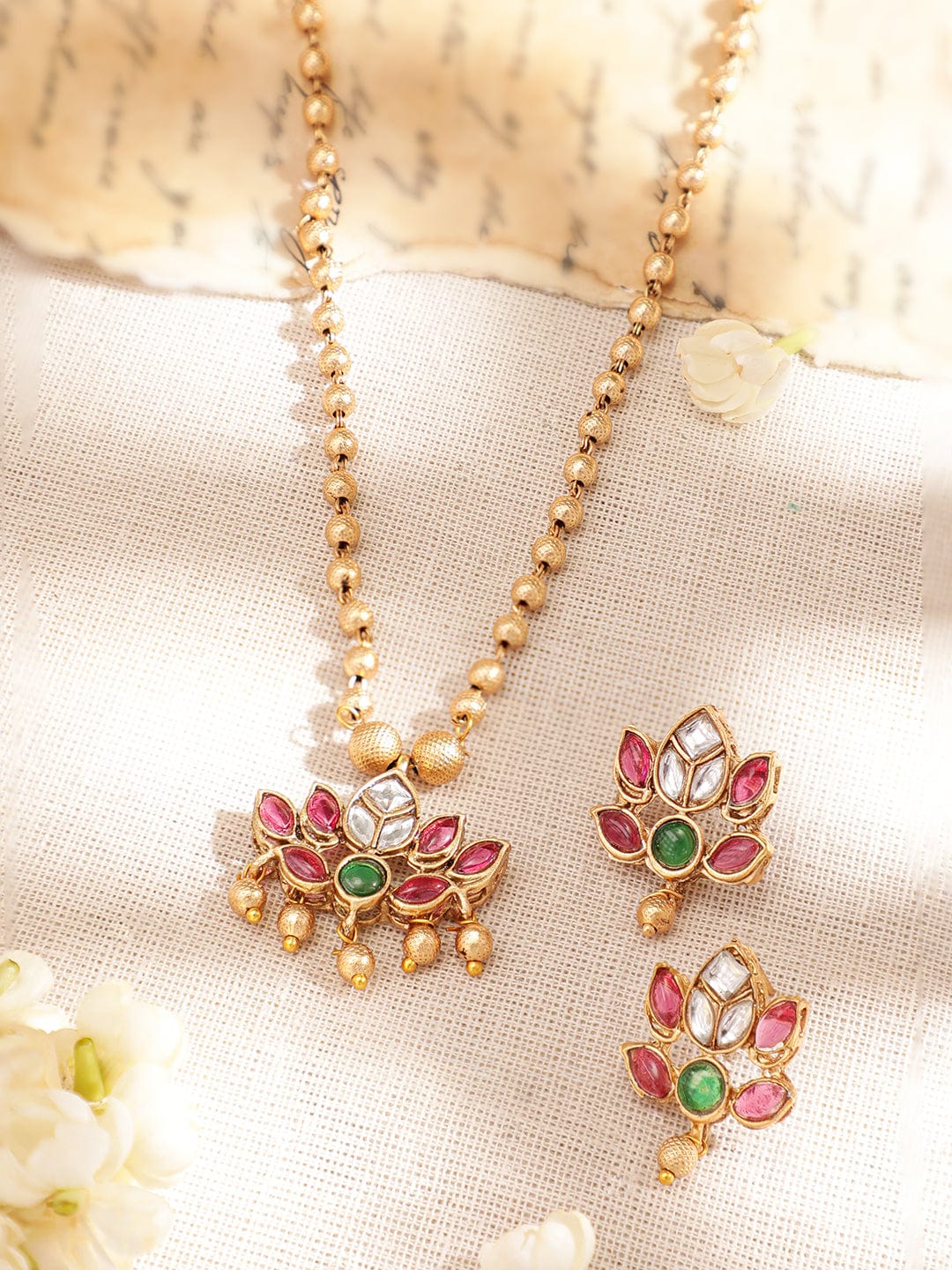 Pink & Green Floral Pearl Beaded Necklace Set Gold