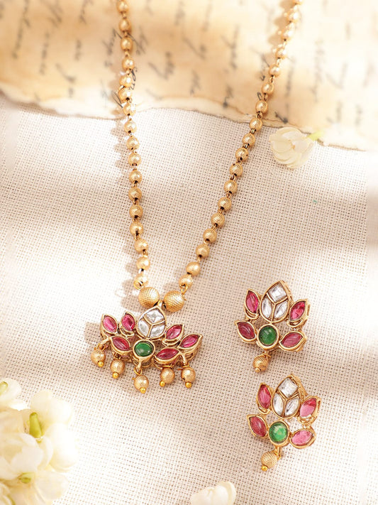 Pink & Green Floral Pearl Beaded Necklace Set Gold