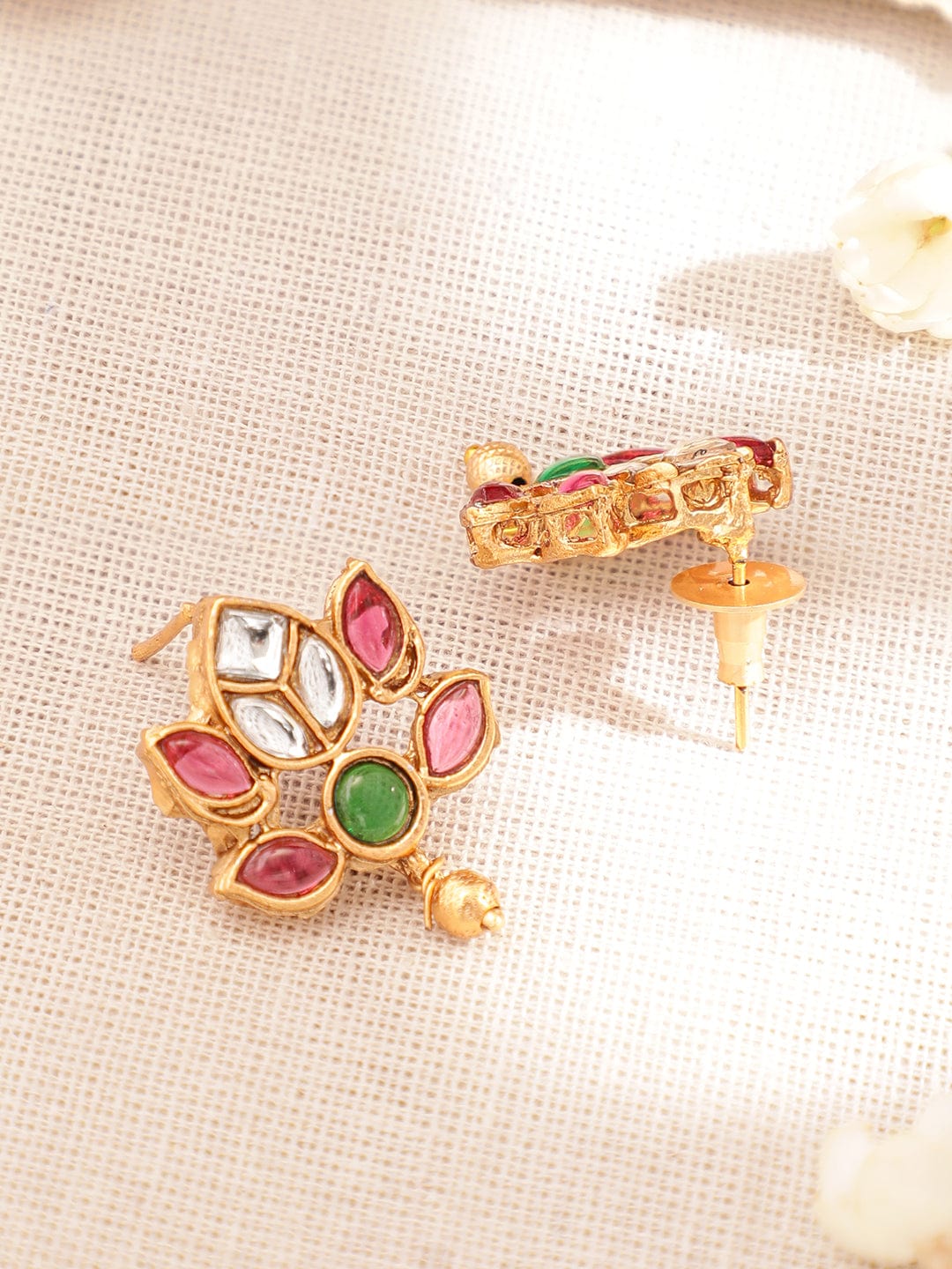 Pink & Green Floral Pearl Beaded Necklace Set Gold