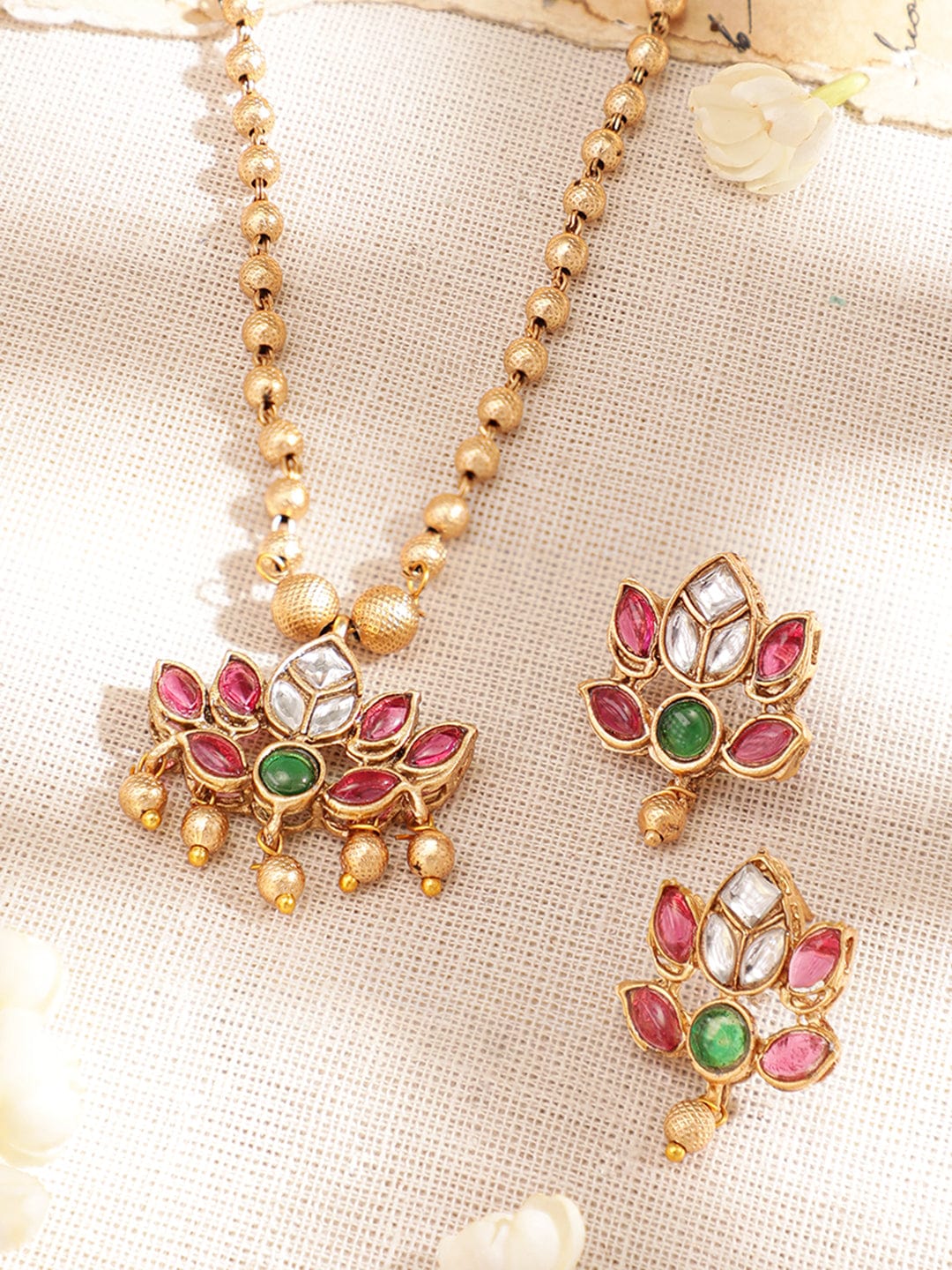 Pink & Green Floral Pearl Beaded Necklace Set Gold