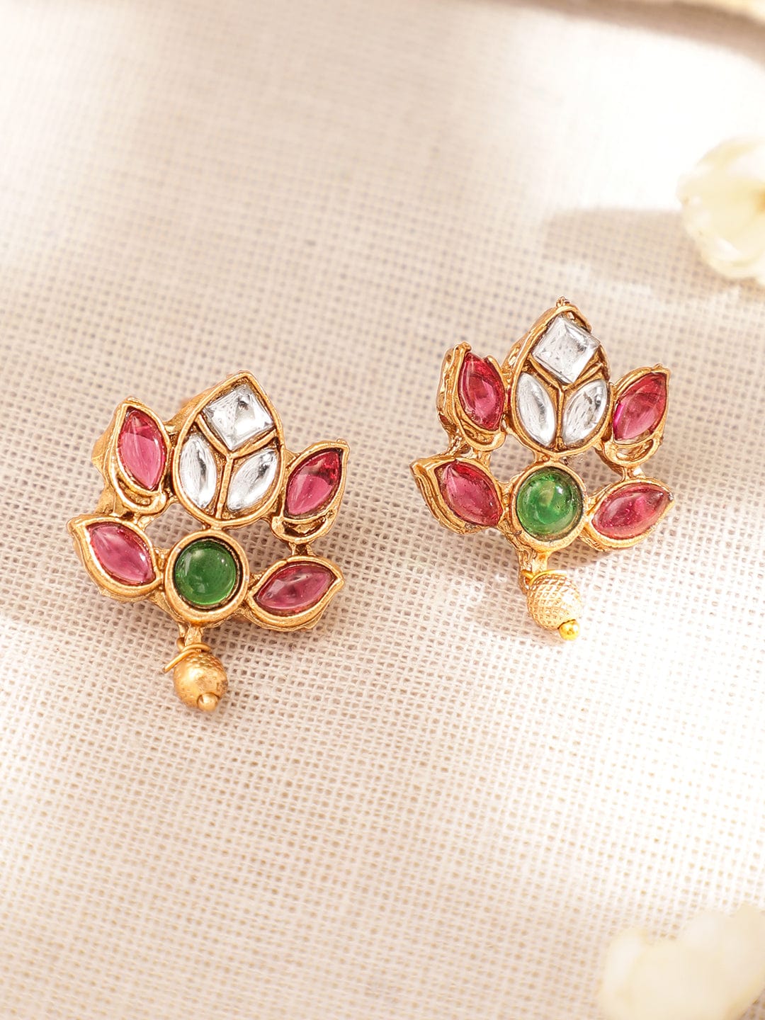 Pink & Green Floral Pearl Beaded Necklace Set Gold