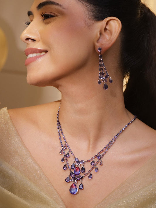 Double Layer Purple Crystal Teardrop Necklace Set フリーサイズ