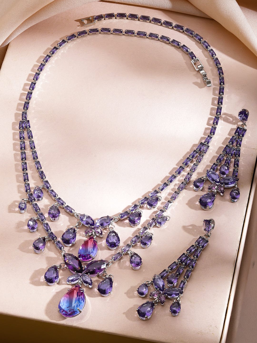 Double Layer Purple Crystal Teardrop Necklace Set フリーサイズ
