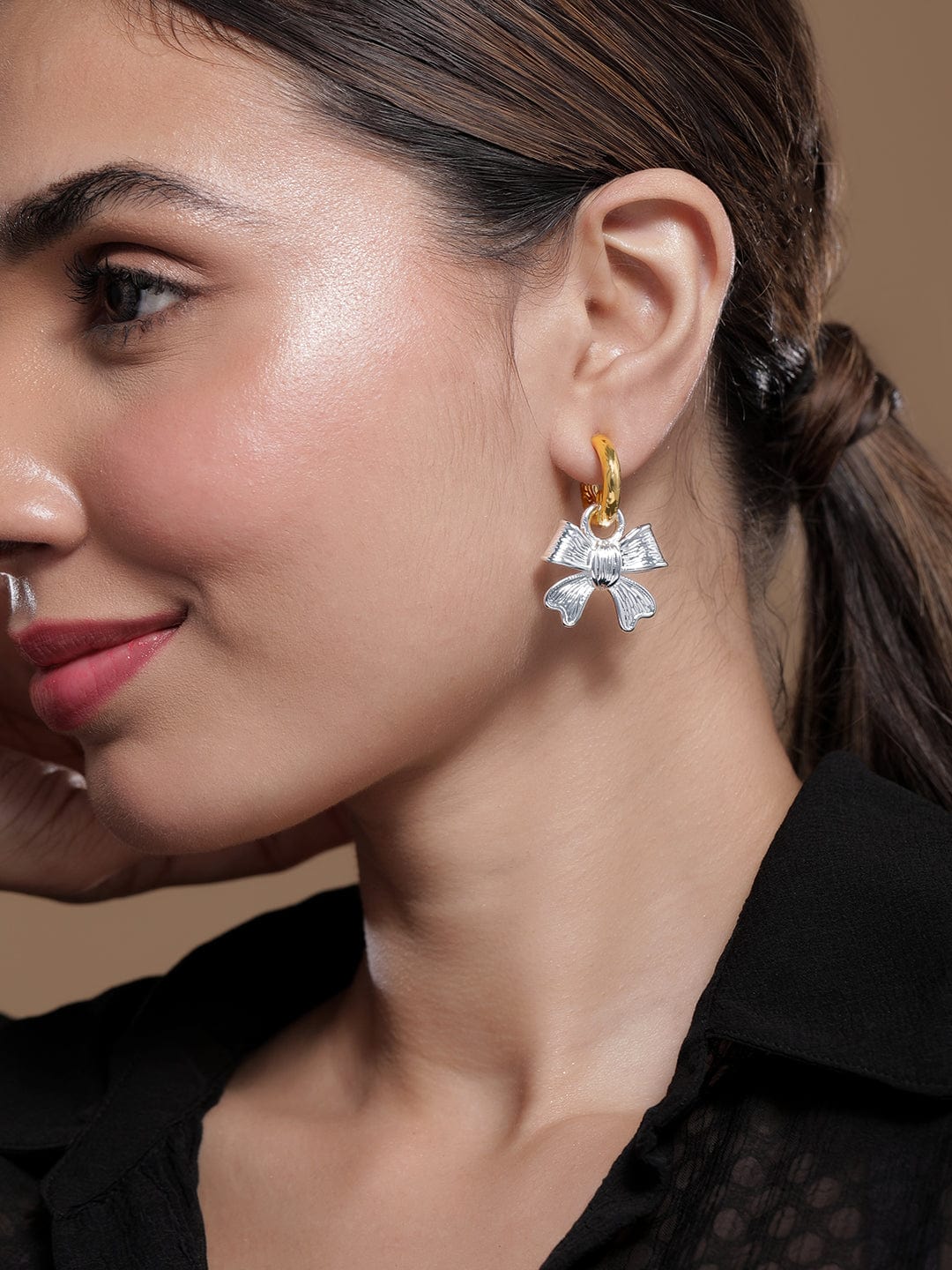 Dual-Tone Bowknot Charm Drop Earrings Gold