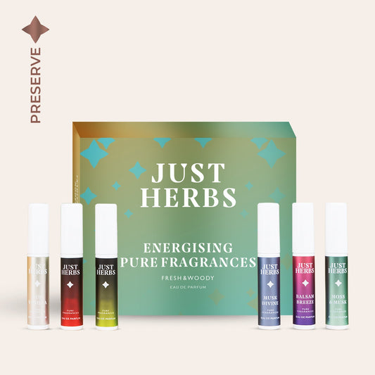 Just Herbs エナジャイジング ピュアフレグランス フレッシュ&ウッディ 3ml×6本セットのギフトボックスとバイアル6本