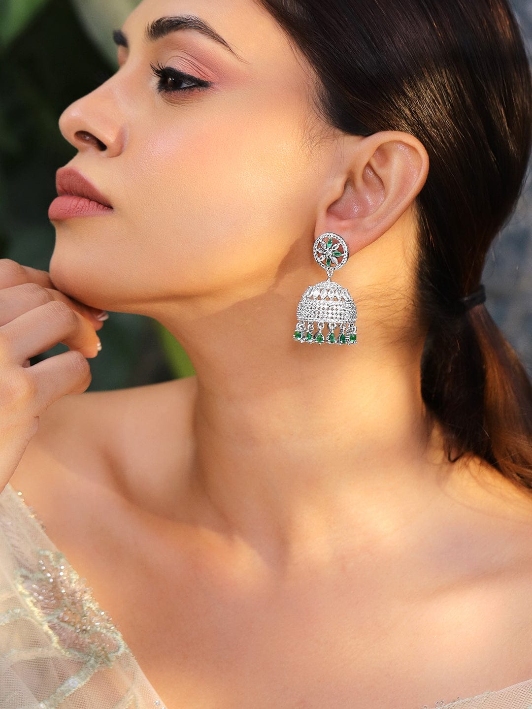 Festive Glow Green American Diamond Zirconia Jhumka フリーサイズ