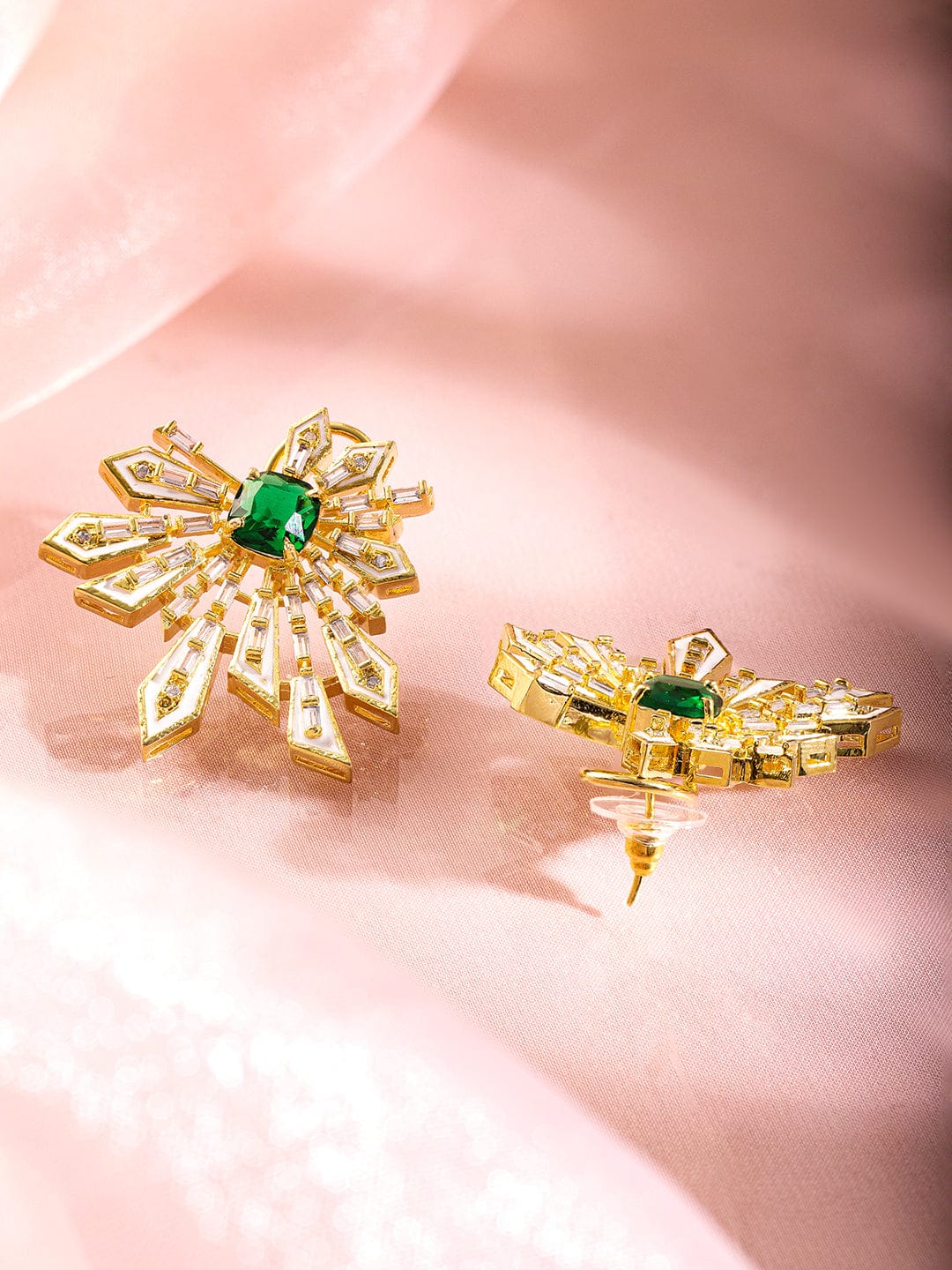 Floral Geometry Green & White Statement Studs Gold