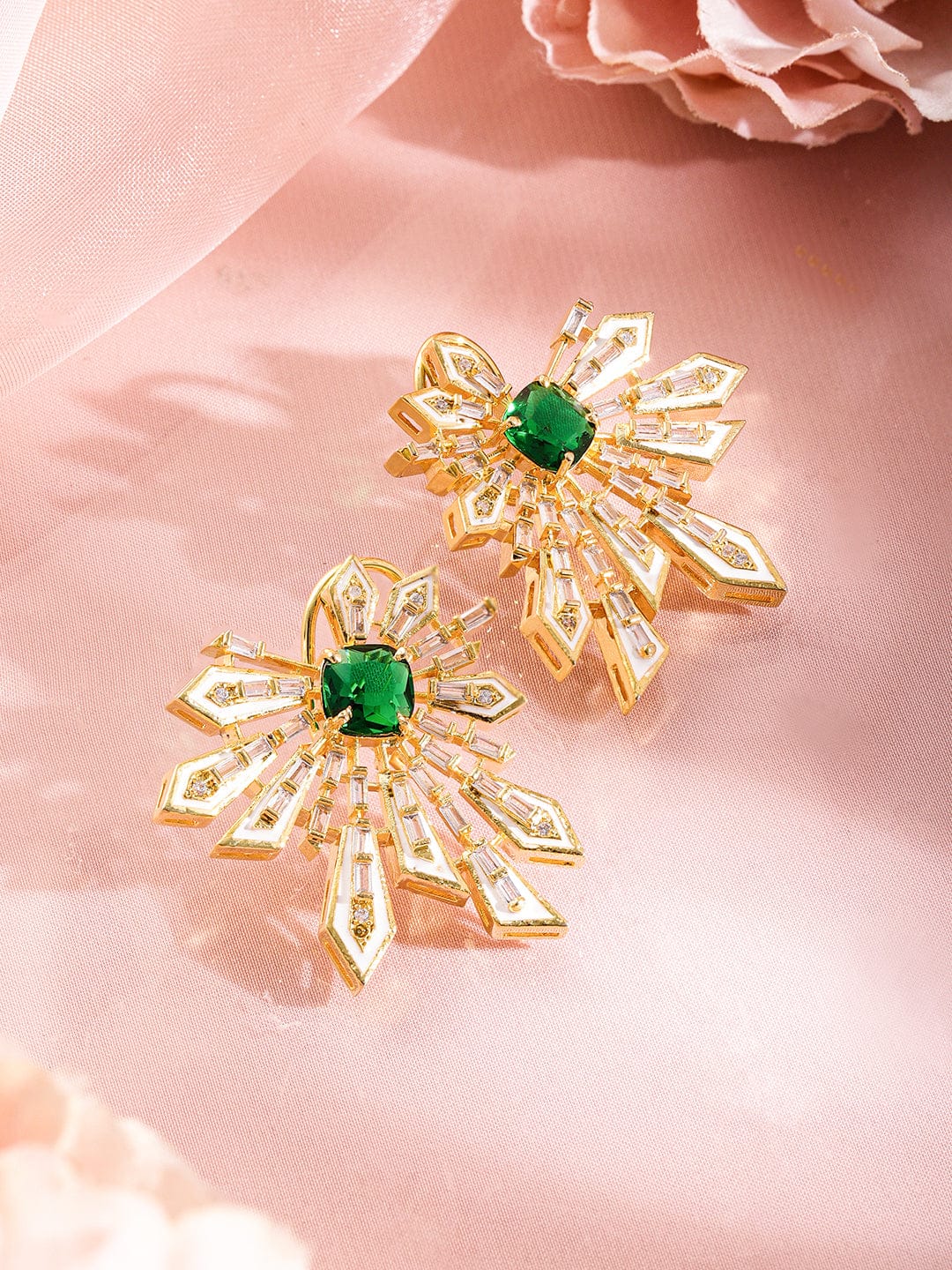 Floral Geometry Green & White Statement Studs Gold