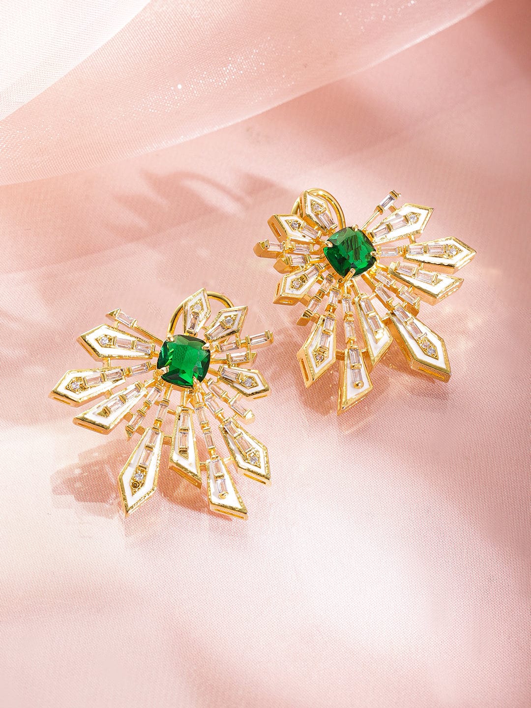 Floral Geometry Green & White Statement Studs Gold