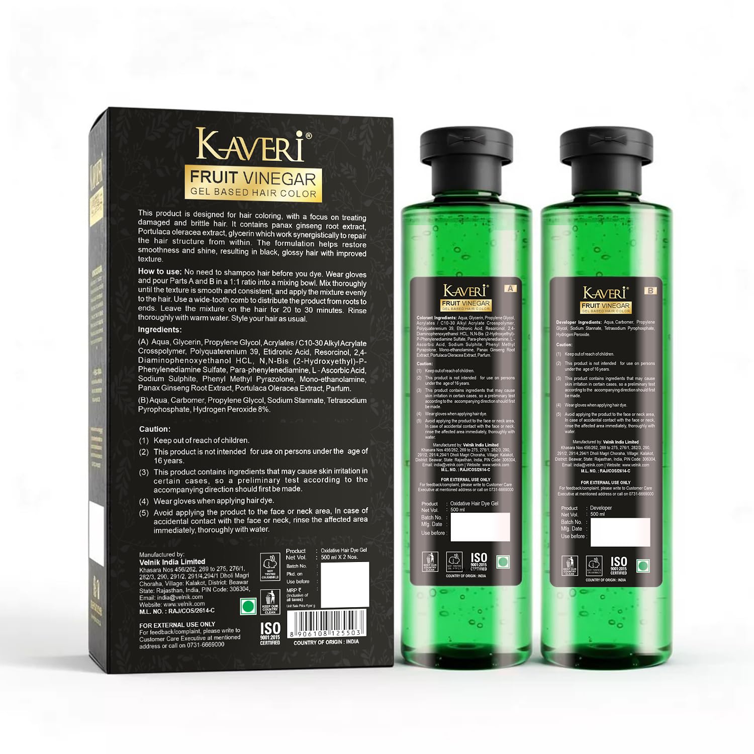 Kaveri Fruit Vinegar Gel Hair Color Natural Black 450ml x 2