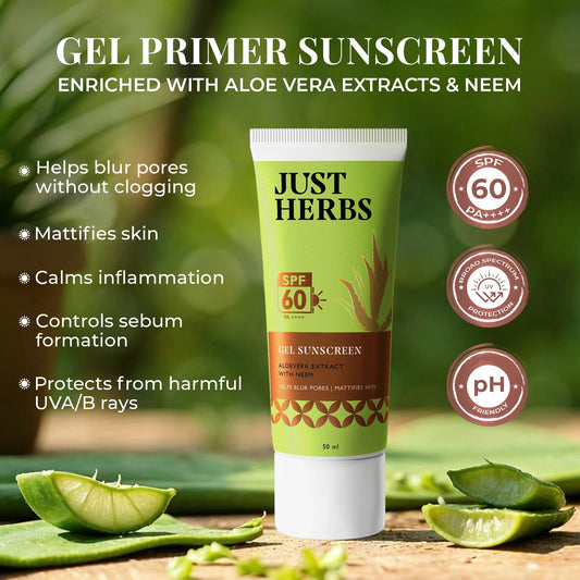 Just Herbs ジェルサンスクリーン ニーム＆アロエベラ SPF60 PA++++ 50ml のチューブ