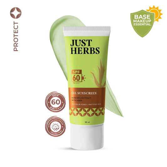 Just Herbs ジェルサンスクリーン ニーム＆アロエベラ SPF60 PA++++ 50ml のチューブ