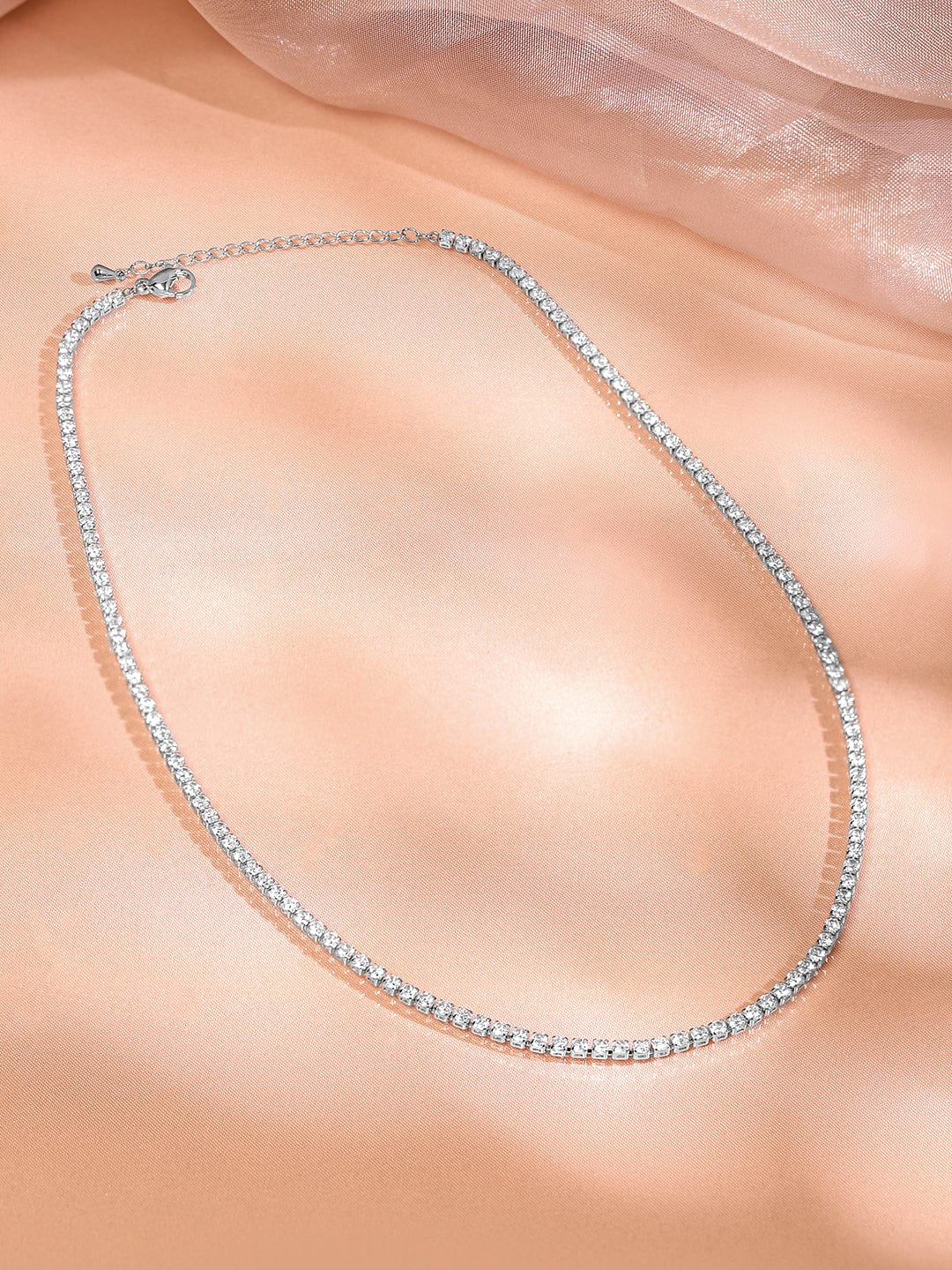 Gleaming American Diamond Zirconia Studded Chain Necklace Silver