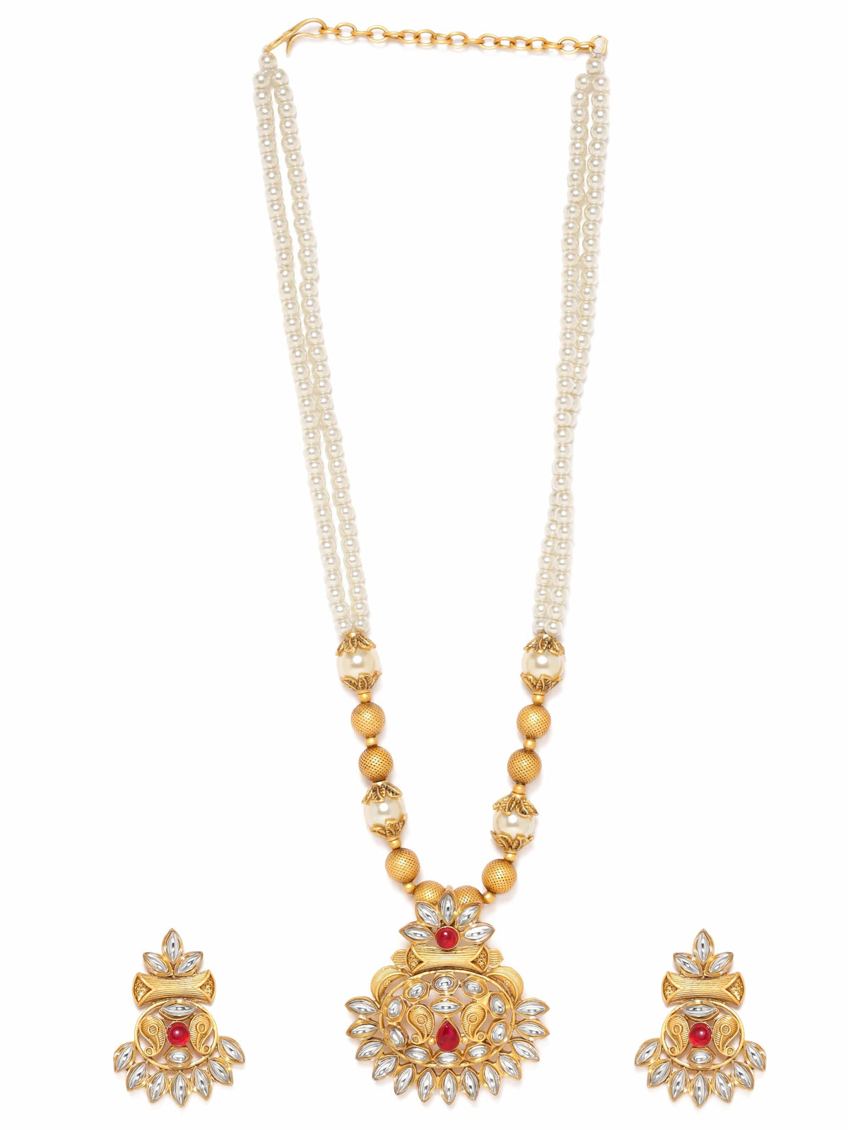 Golden Glow with Red Stone Necklace Set Gold::White
