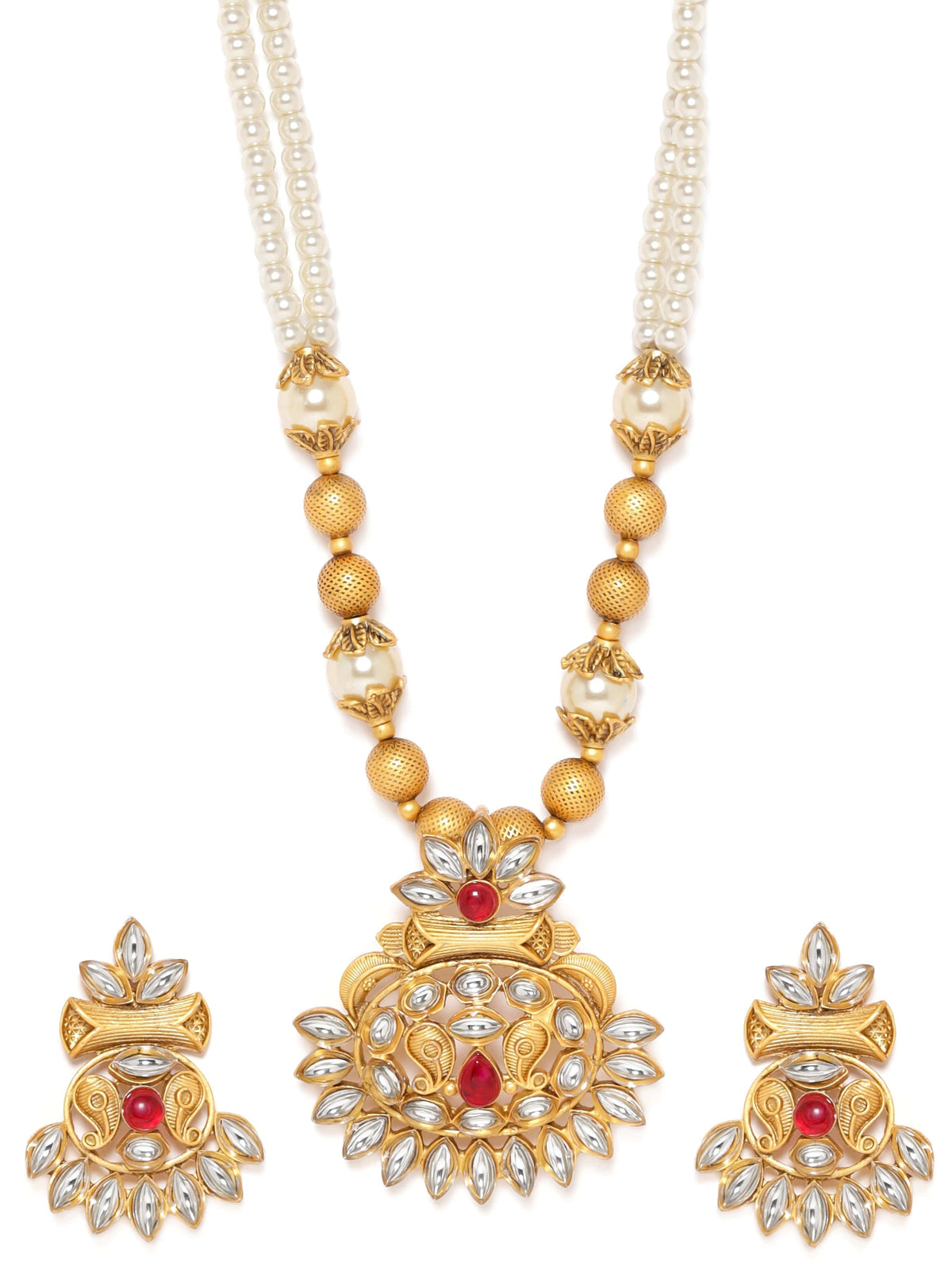 Golden Glow with Red Stone Necklace Set Gold::White