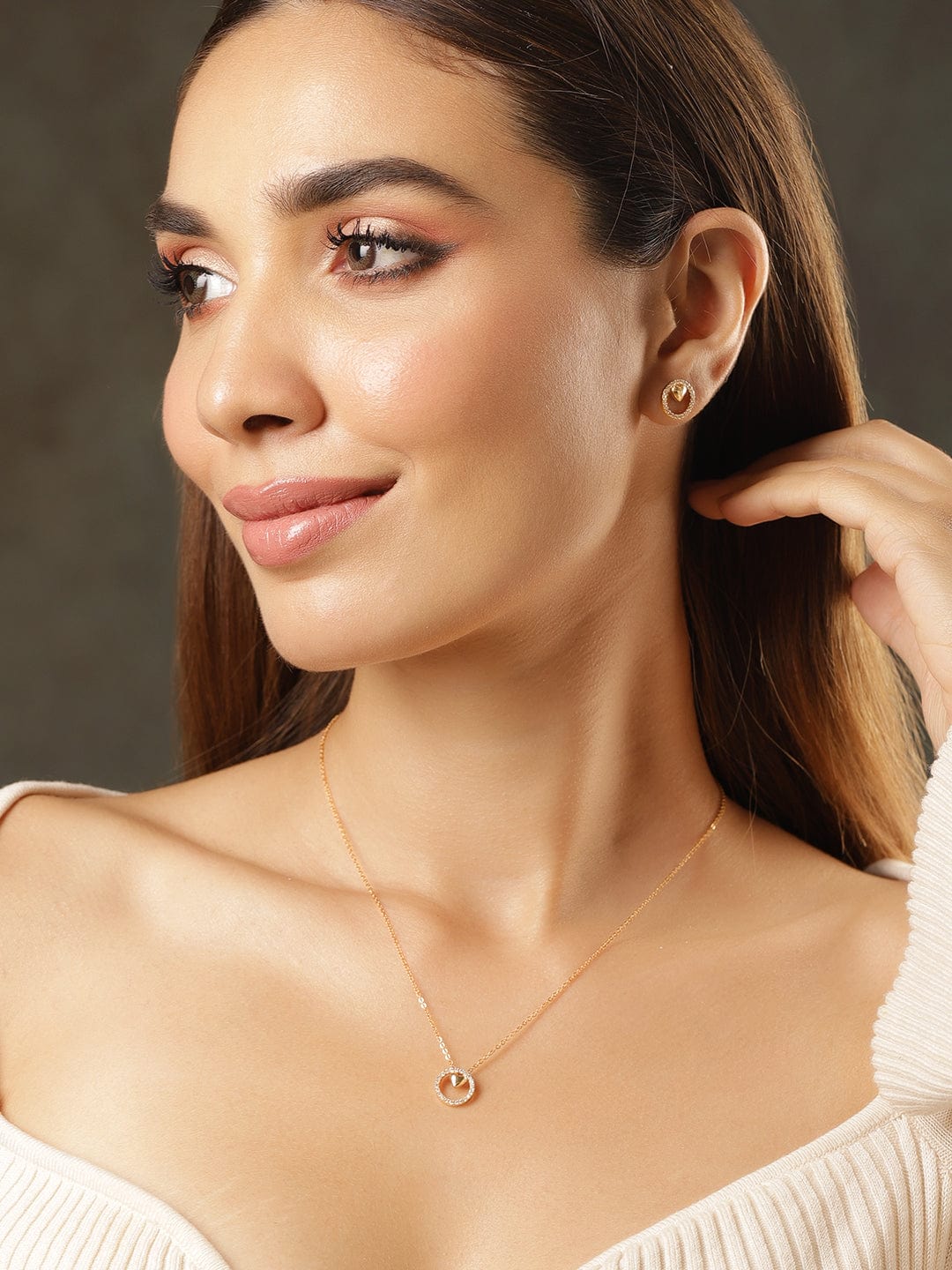 Heart Motif American Diamond Zirconia Necklace Set Silver