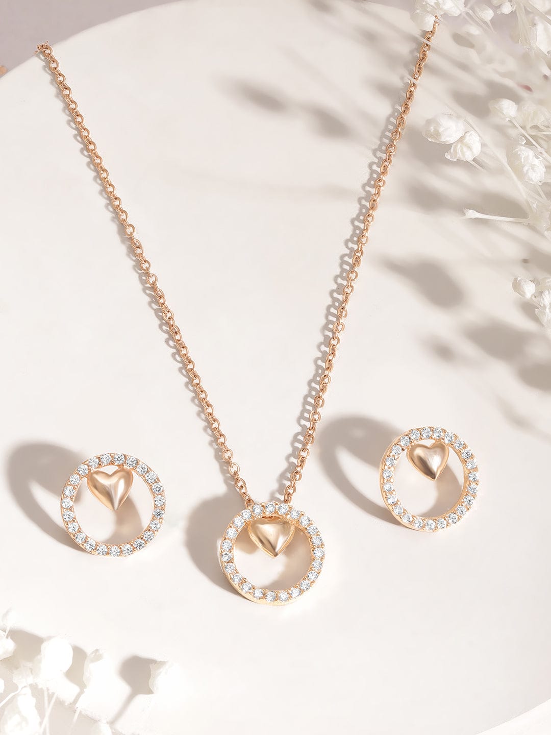 Heart Motif American Diamond Zirconia Necklace Set Silver