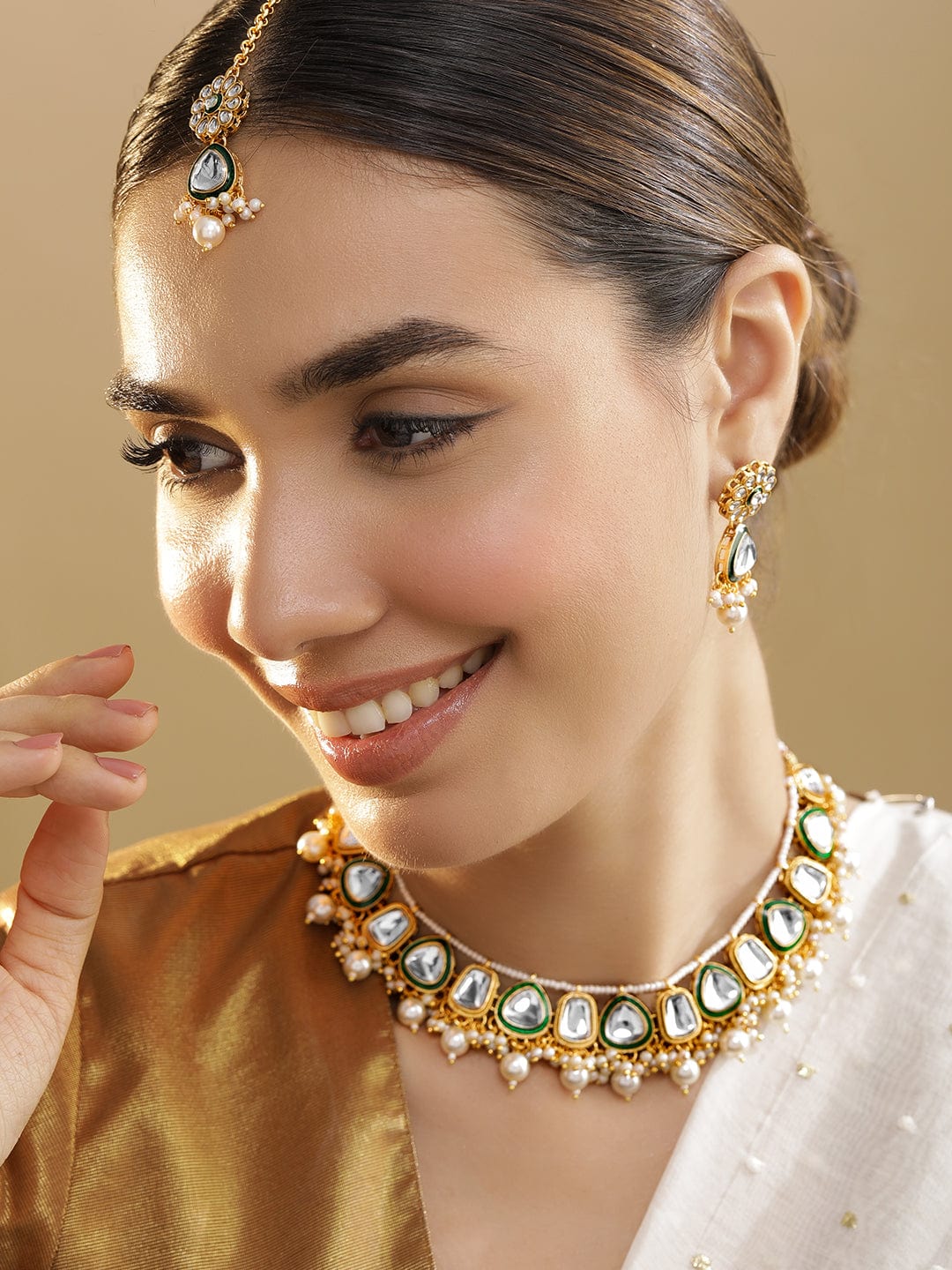 Whispers of Green Royalty Kundan Necklace Set Gold