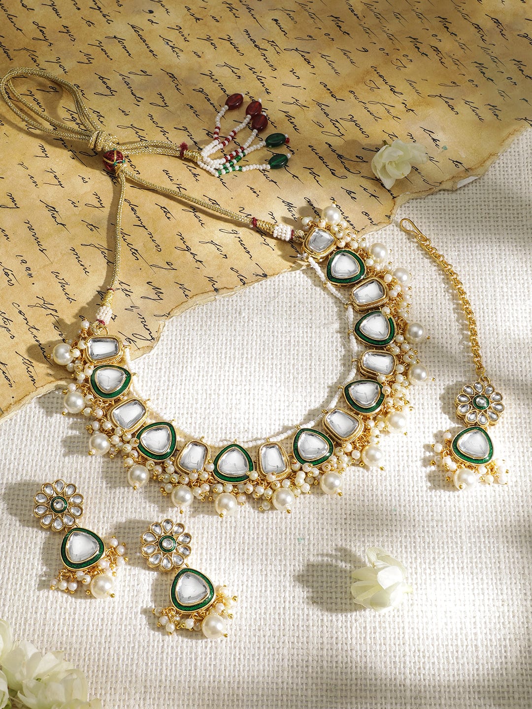 Whispers of Green Royalty Kundan Necklace Set Gold
