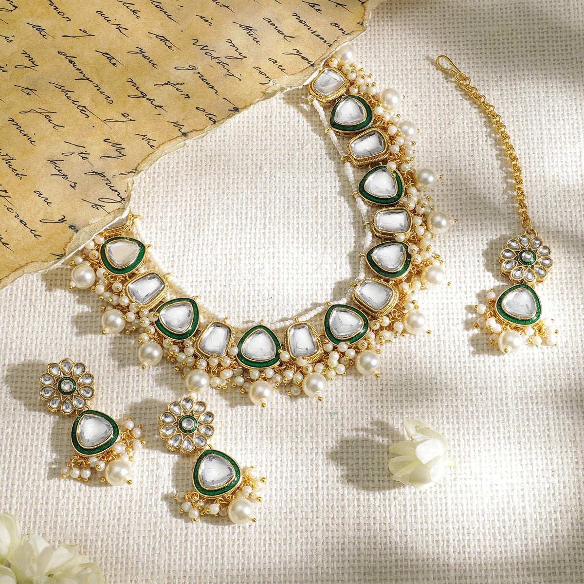 Whispers of Green Royalty Kundan Necklace Set Gold