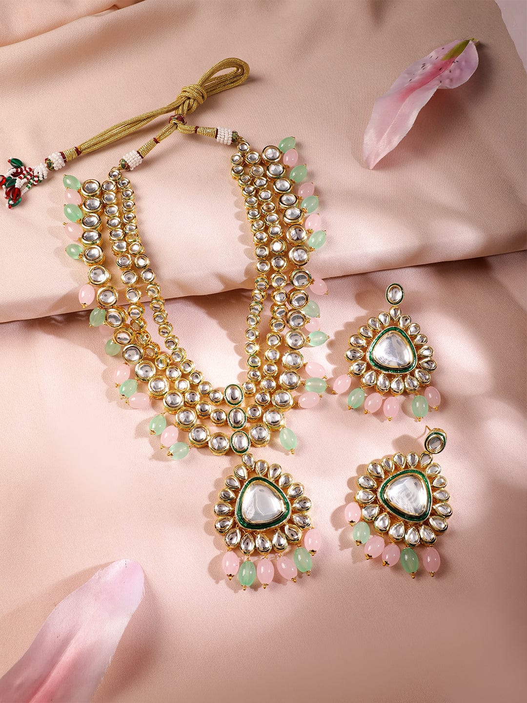 Pastel Hues Multicolour Kundan Necklace Set Pink & Green Pastal