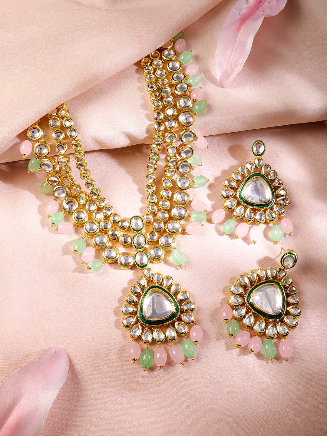 Pastel Hues Multicolour Kundan Necklace Set Pink & Green Pastal
