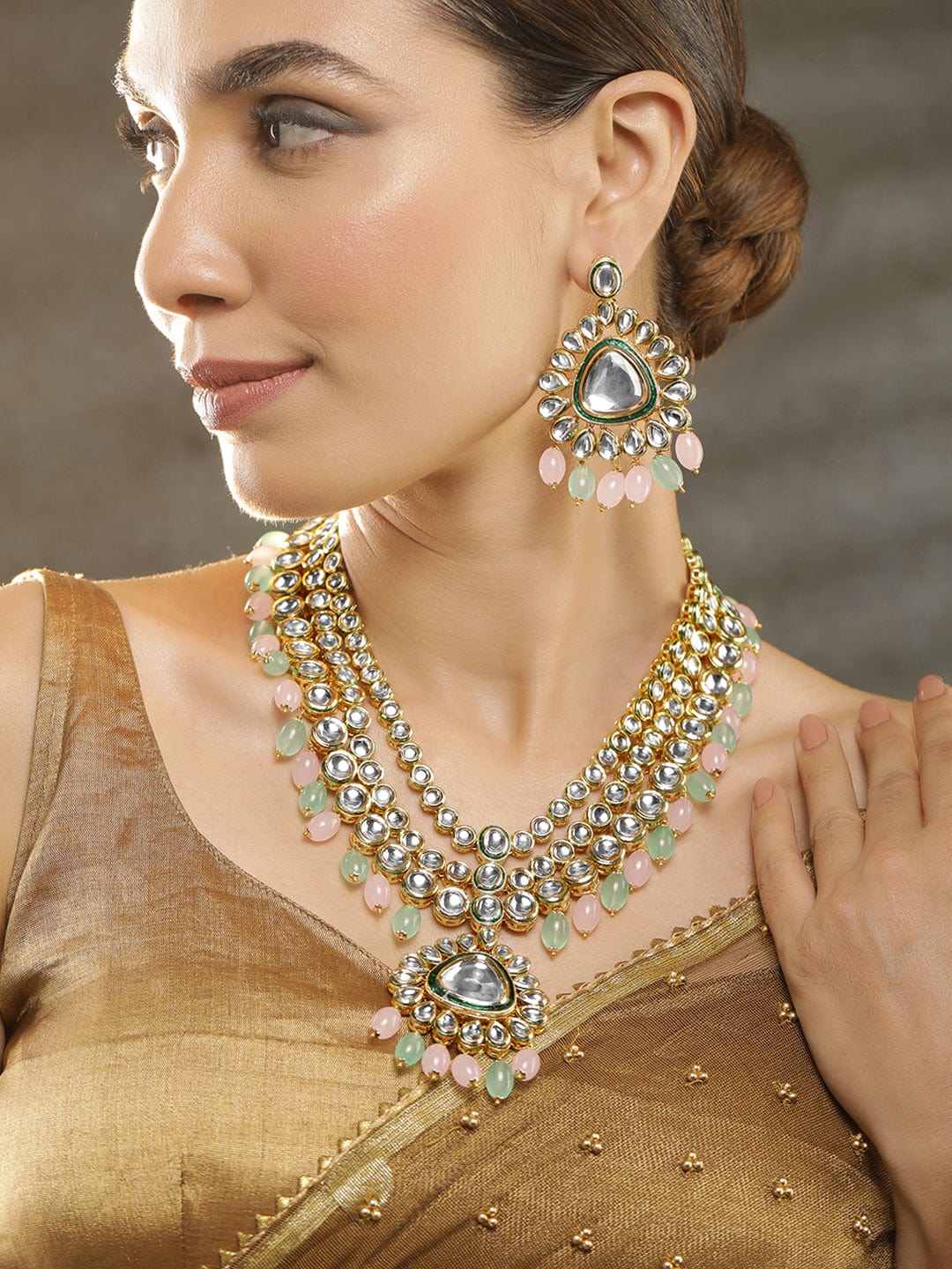 Pastel Hues Multicolour Kundan Necklace Set Pink & Green Pastal
