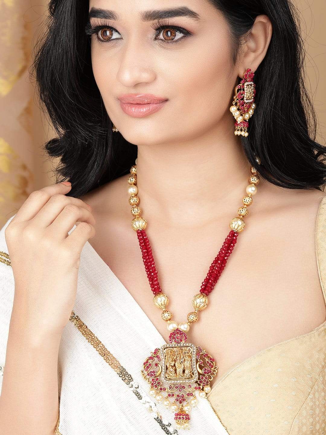 Rubans Gold Plated Maroon Red Necklace Set Gold