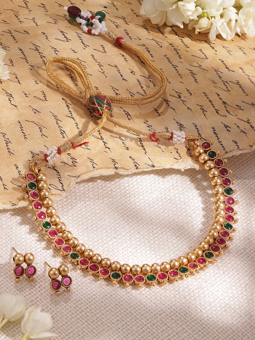 Green & Pink Studded Gold Beaded necklace Set Multicolor