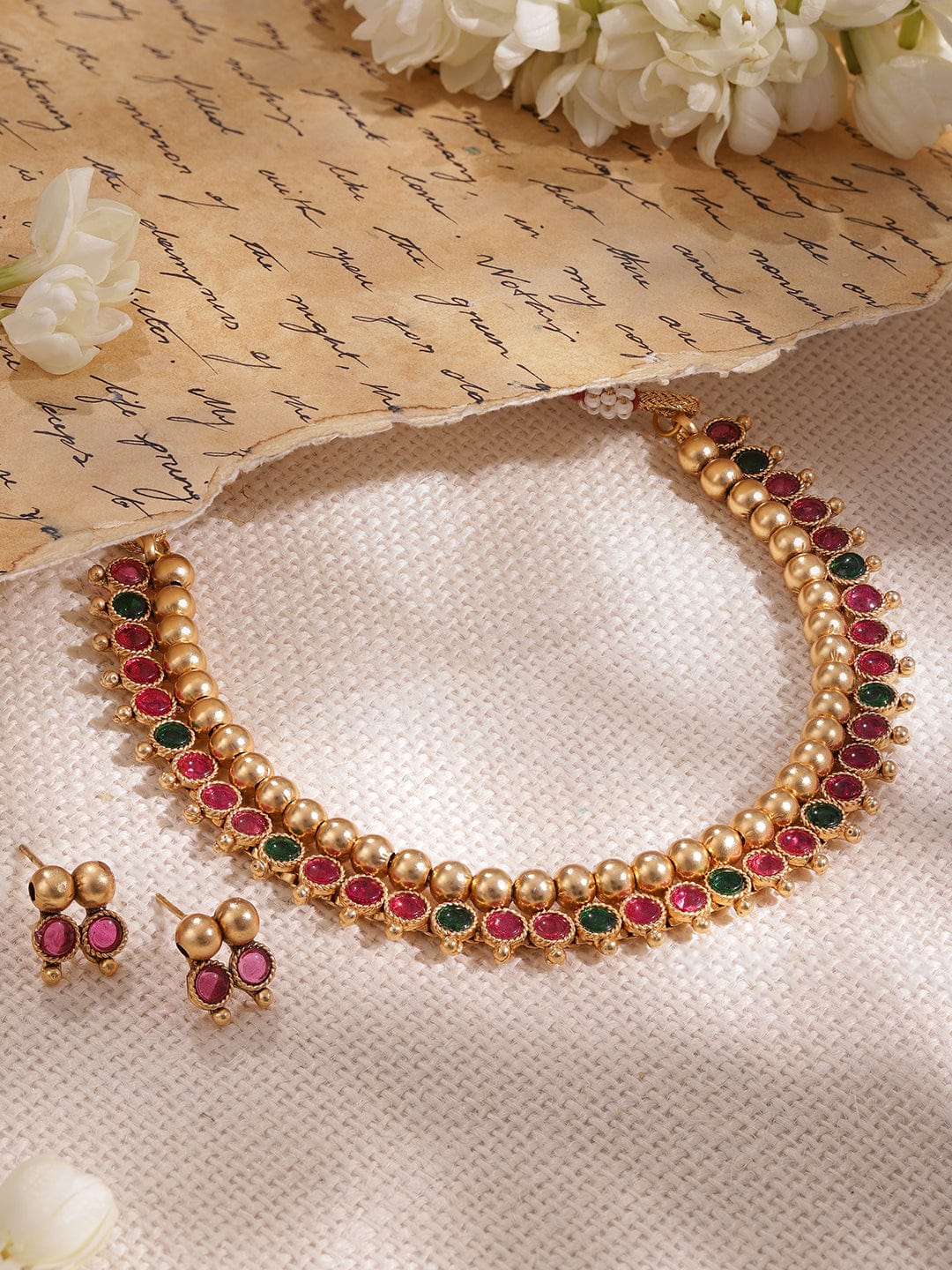 Green & Pink Studded Gold Beaded necklace Set Multicolor
