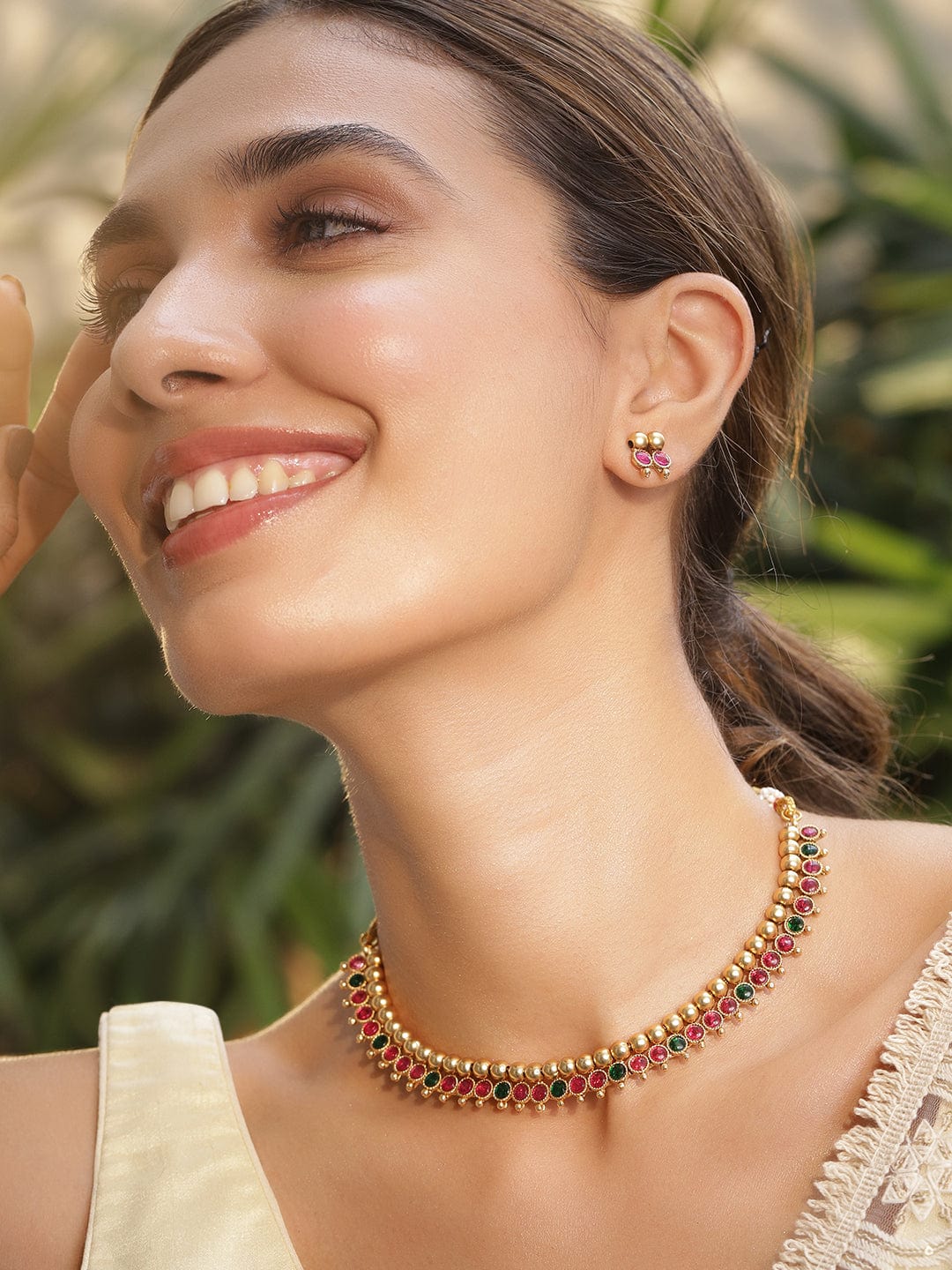 Green & Pink Studded Gold Beaded necklace Set Multicolor