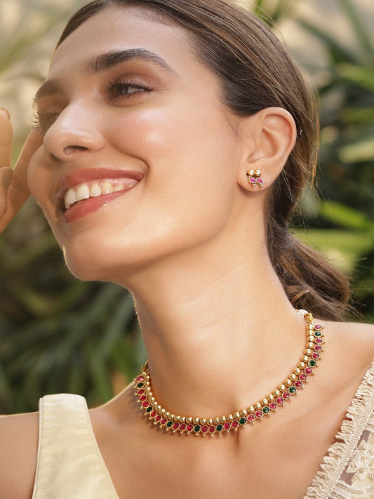 Green & Pink Studded Gold Beaded necklace Set Multicolor