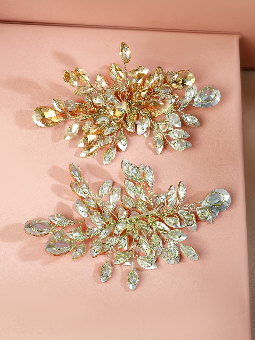 Golden Crystal Leaf Side Hair Pin - Set of 2 フリーサイズ