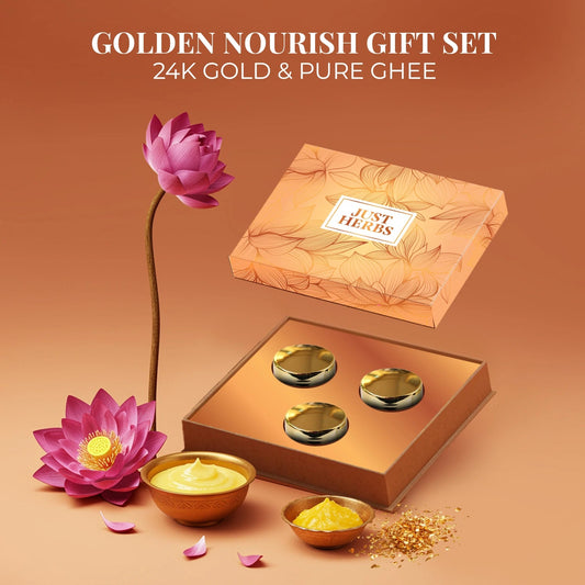Just Herbs ゴールデン ナリッシュ ギフトセット 24Kゴールド＆ピュアギー 3点セットのギフトボックスとジャー3個