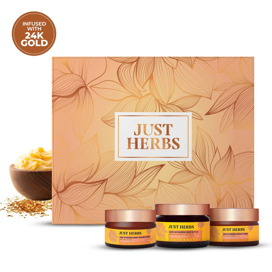 Just Herbs ゴールデン ナリッシュ ギフトセット 24Kゴールド＆ピュアギー 3点セットのギフトボックスとジャー3個
