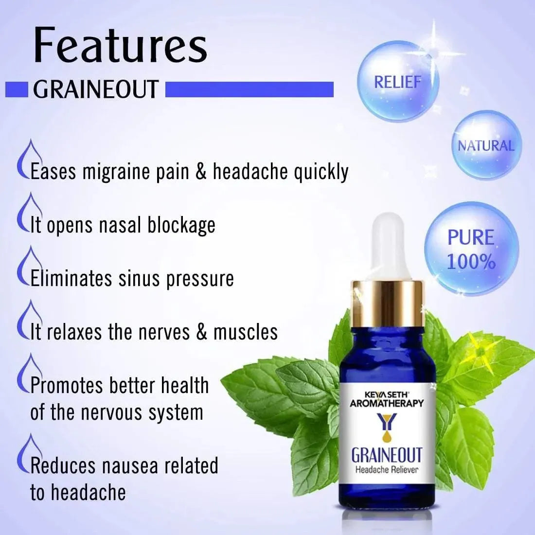 Graine Out-Migraine, Headache, Sinus, Relief Natural Therapeutic Essential Oil Blend of Aniseed & Neroli 10ml 10ml
