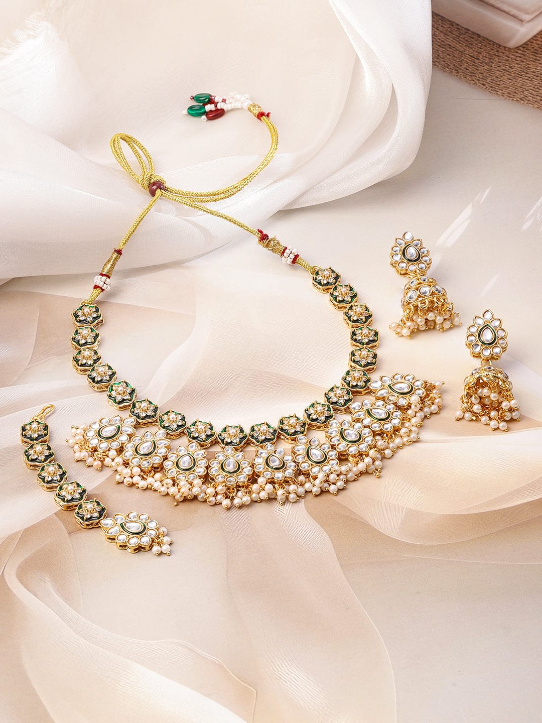 Green Enamel Kundan Necklace Set Gold