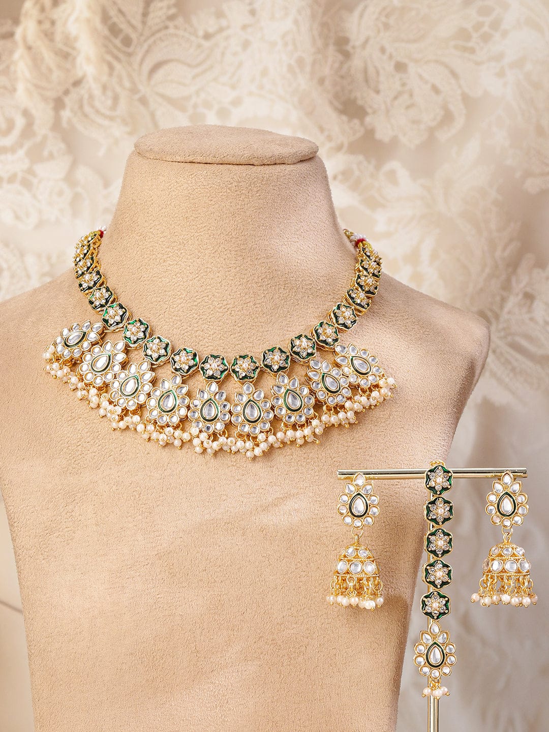 Green Enamel Kundan Necklace Set Gold