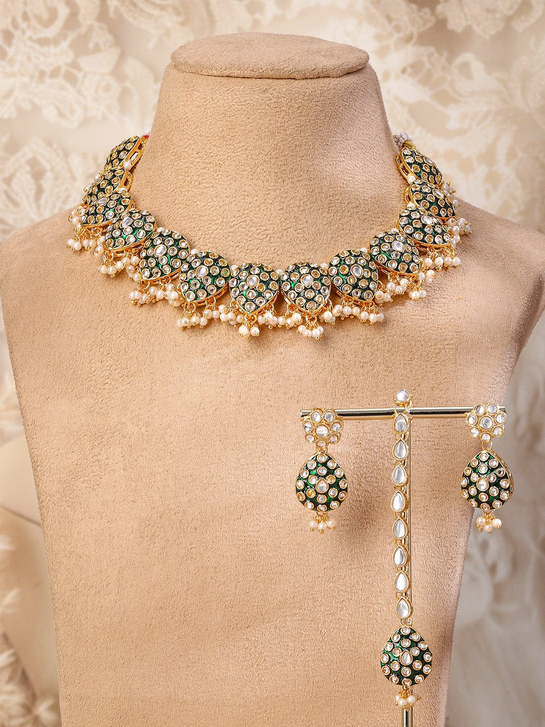 Green Muse of Kundan Necklace Set Gold