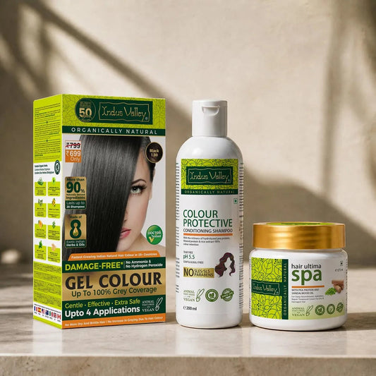 【Indus Valley】 Damage Free Gel Colour With Colour Protective Conditioning Shampoo and Hair Ultima Spa Combo - (575ml + 20g) 1.00 Black