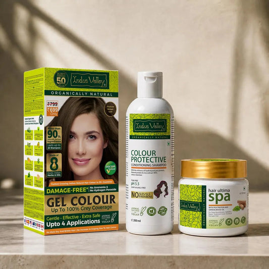 【Indus Valley】 Damage Free Gel Colour With Colour Protective Conditioning Shampoo and Hair Ultima Spa Combo - (575ml + 20g) 4.00 Medium Brown