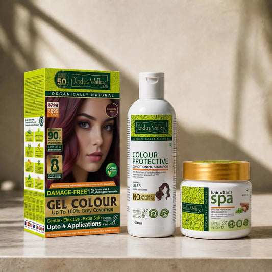 【Indus Valley】 Damage Free Gel Colour With Colour Protective Conditioning Shampoo and Hair Ultima Spa Combo - (575ml + 20g) 3.6 Burgundy